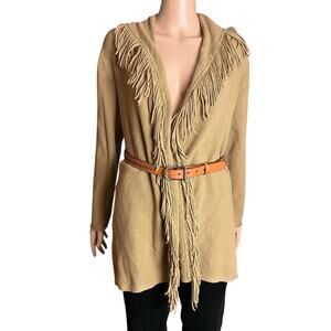 J. Jill Fringe Open Front Cardigan Sweater Tunic Length Tan Boho Western Ranch